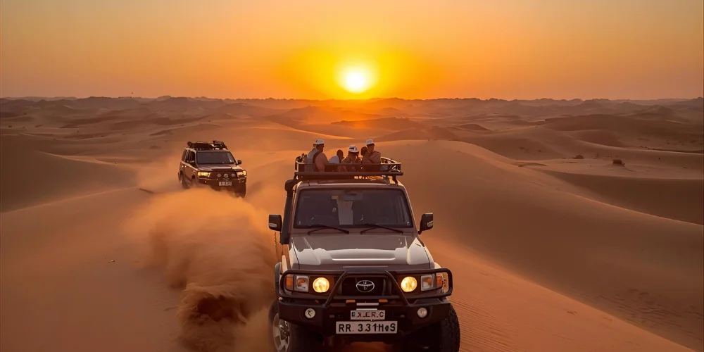 Desert dunes and 4x4 safari vehicle at sunset